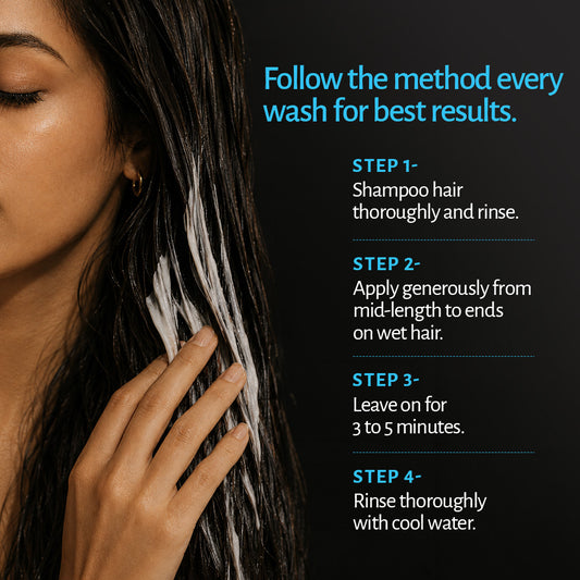How to use Tugain Volumizing Conditioner: apply mid-lengths to ends, leave 3-5 minutes, rinse